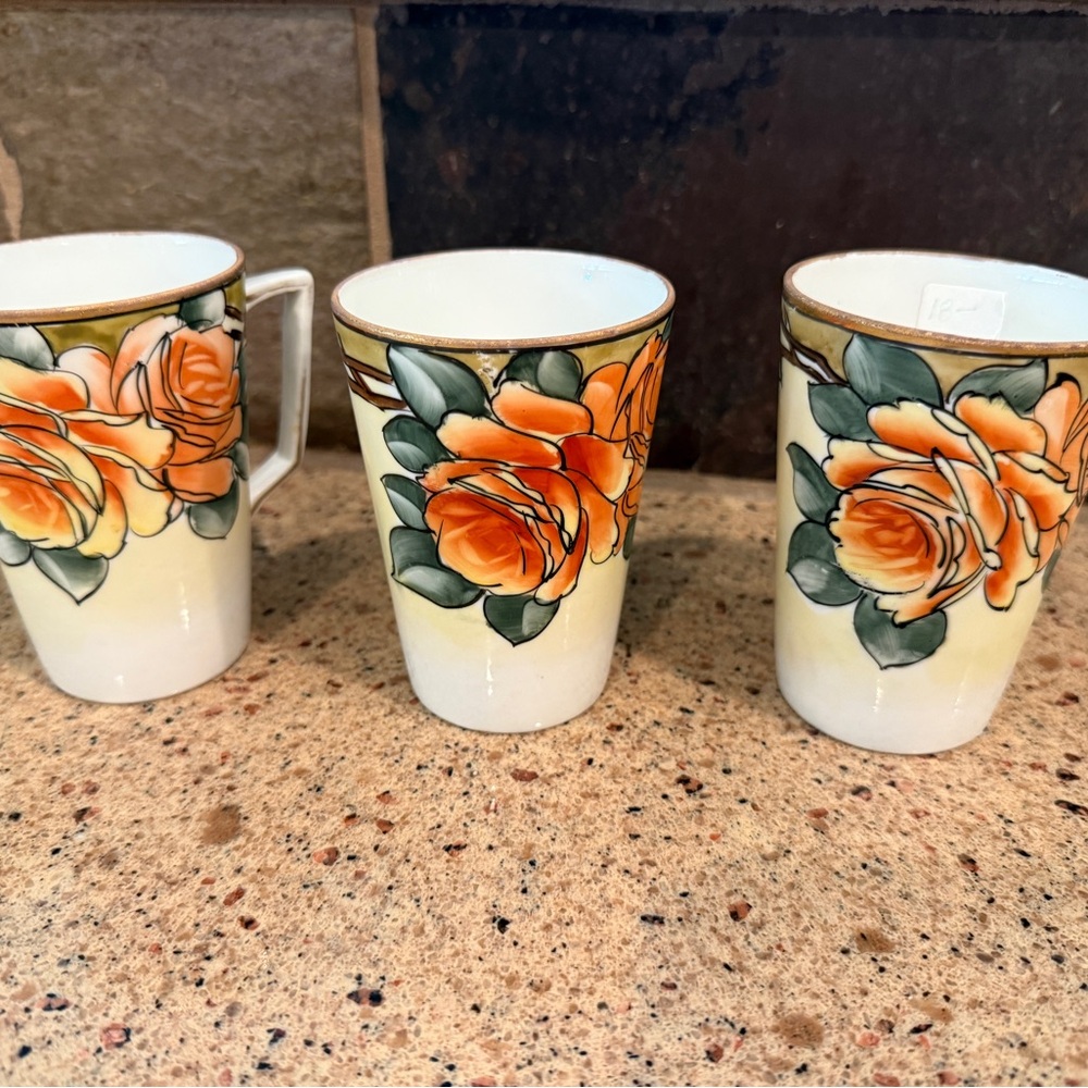 Vintage Set of 3 Nippon Floral Ceramic Mug Set with Orange Roses